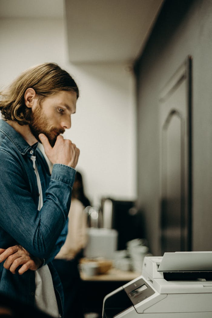 A man in deep thought while operating a printer in an office setting.